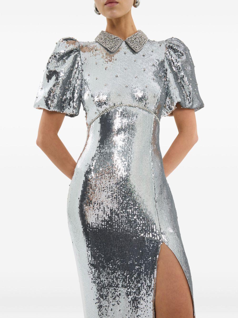Abito lungo Olympia con maniche corte con paillettes in argento Rebecca vallance - donna 