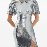 Abito lungo Olympia con maniche corte con paillettes in argento Rebecca vallance - donna 