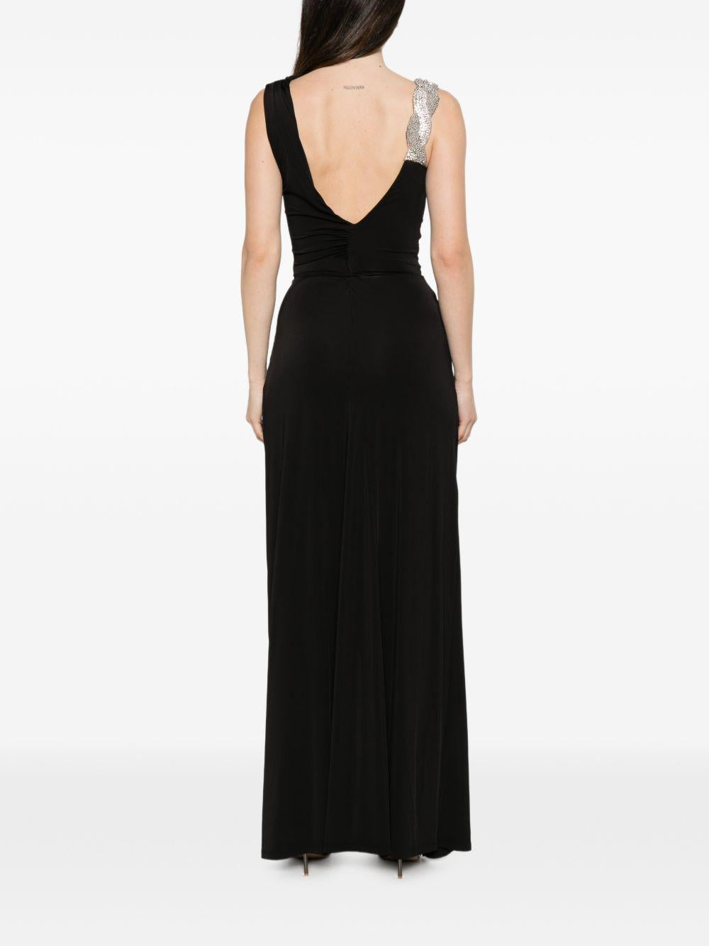 Abito lungo asimmetrico con arricciature e decorazioni di cristalli in nero Amen - donna 