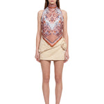 Top in seta stampa floreale blu 