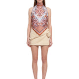 Top in seta stampa floreale blu 