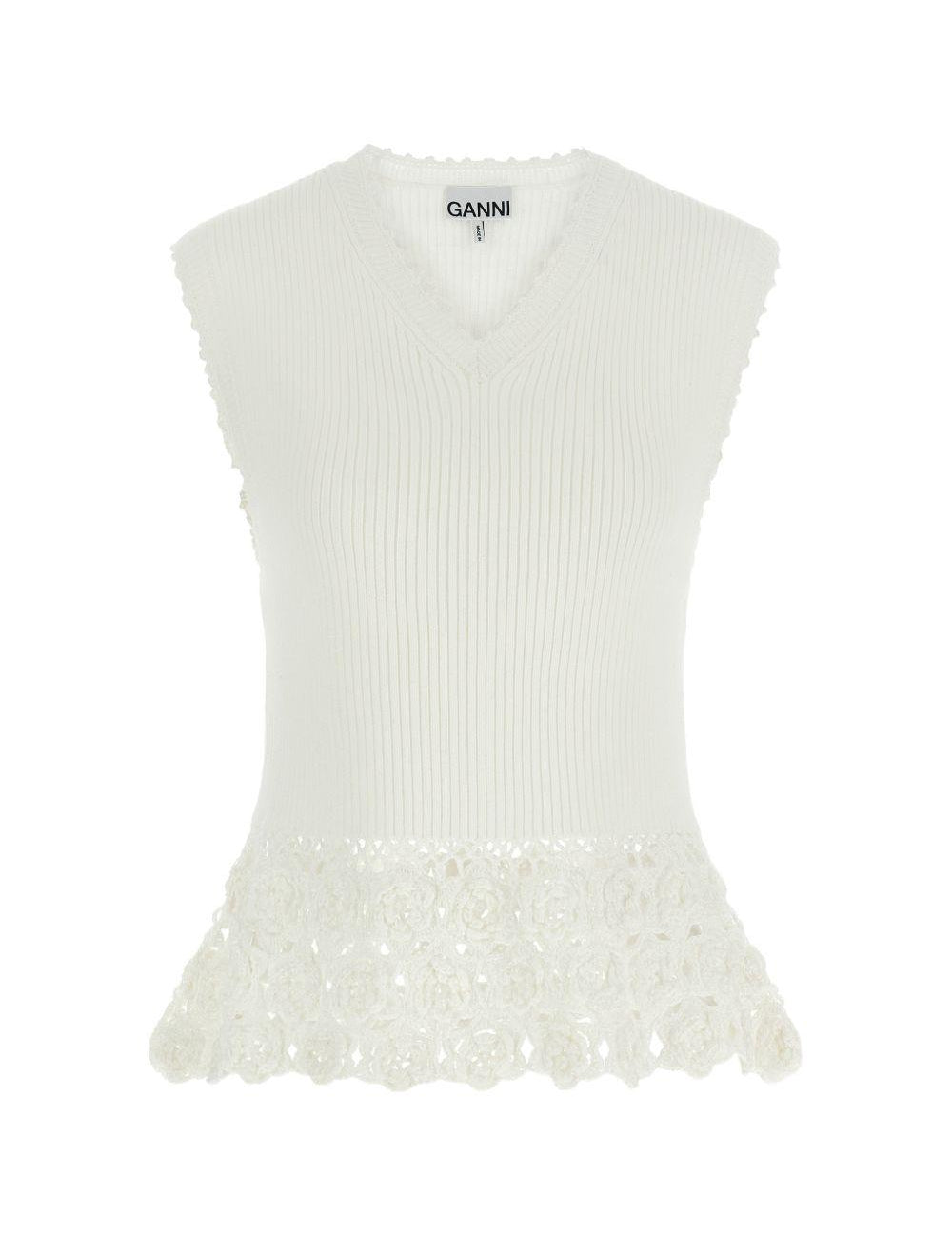 Top con scollo a V e dettaglio all'uncinetto in bianco Ganni - donna 