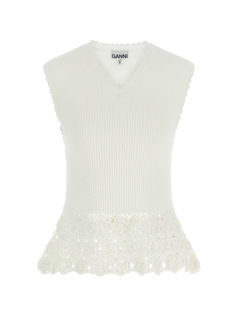 Top con scollo a V e dettaglio all'uncinetto in bianco Ganni - donna 