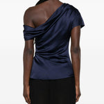 Top in raso monospalla in blu 