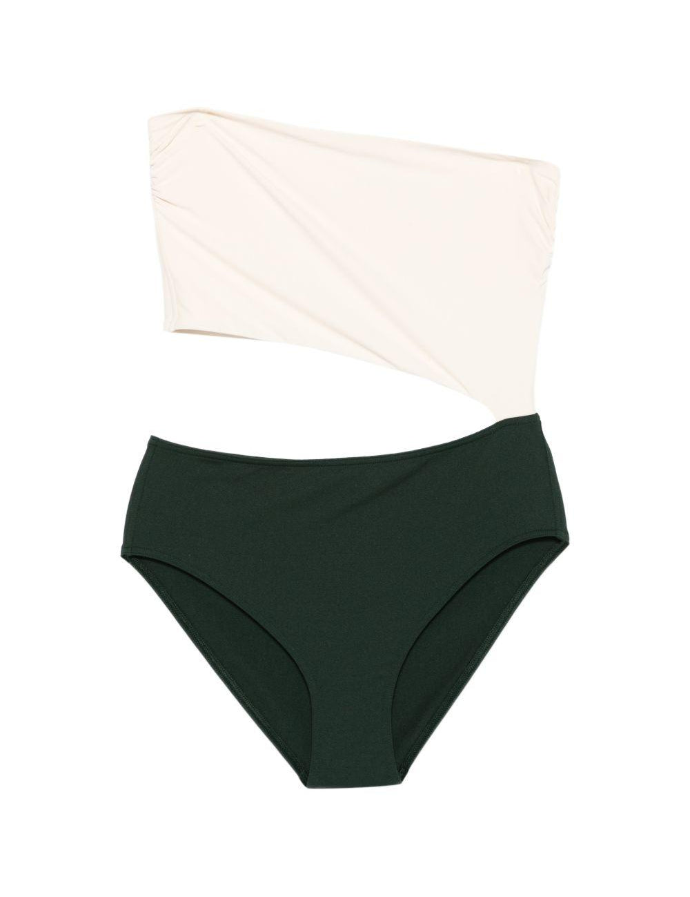 Costume monospalla color block in bianco e verde 