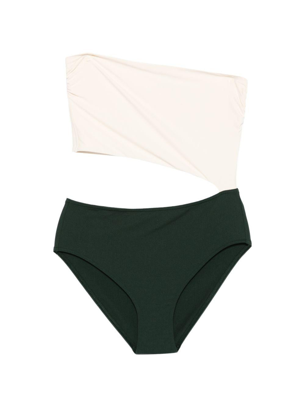 Costume monospalla color block in bianco e verde 