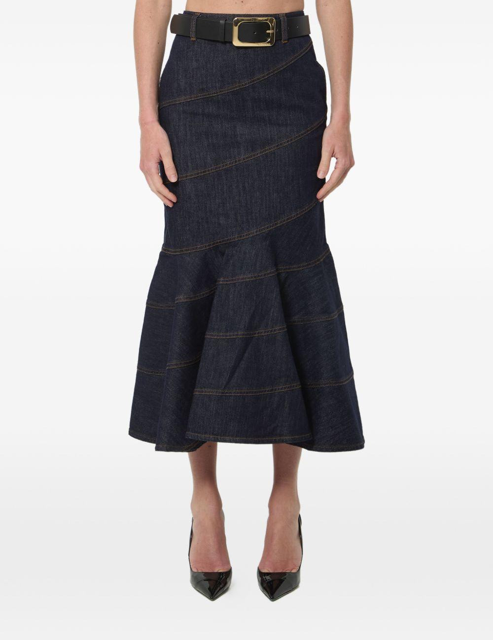 Gonna midi in denim con cintura in blu 