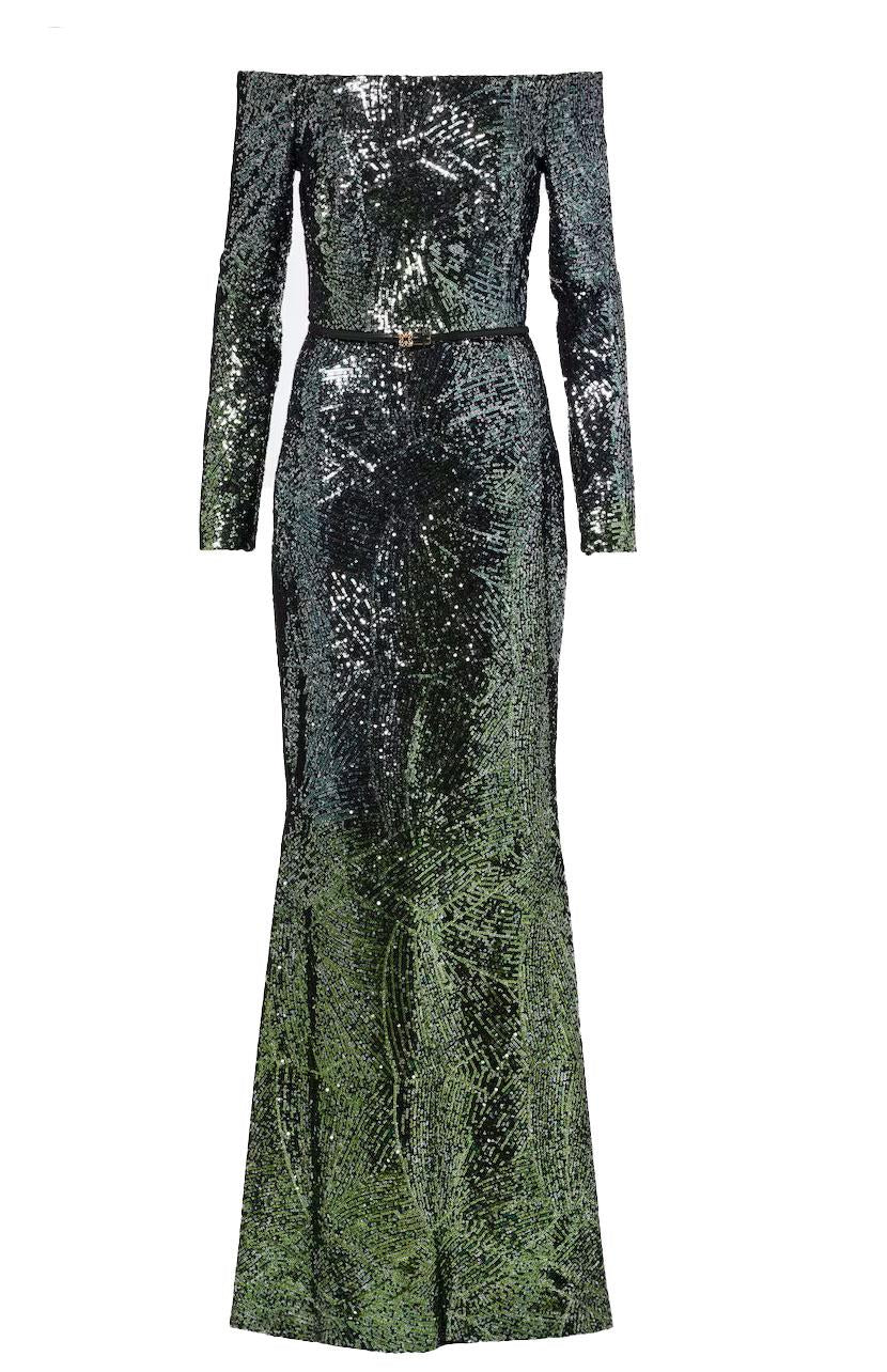 Abito lungo in misto seta con paillettes in verde Elie Saab - donna 