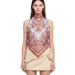 Top in seta stampa floreale blu 
