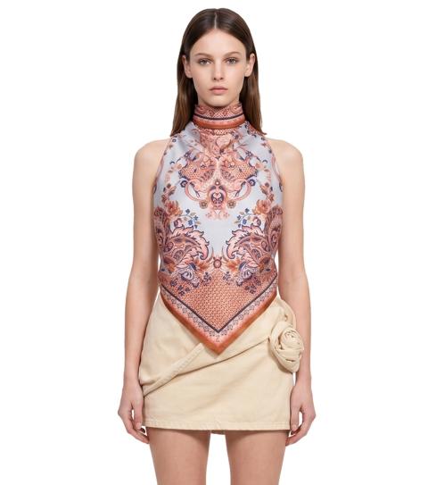 Top in seta stampa floreale blu 