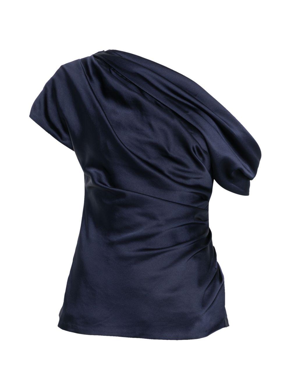 Top in raso monospalla in blu 
