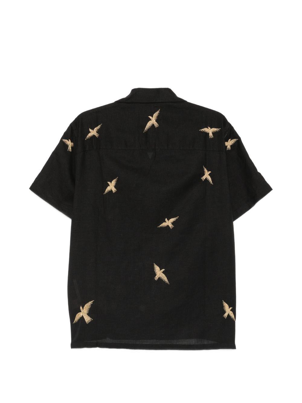 Camicia a maniche corte con ricamo di uccelli in nero Baziszt - uomo 