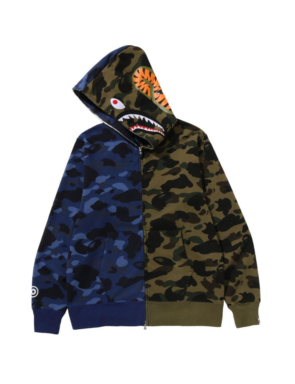 Felpa con zip intera e motivo mimetico a squalo in blu e verde A bathing ape - uomo 