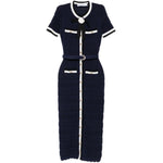 Abito midi con cintura e fiocco in blu 