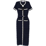 Abito midi con cintura e fiocco in blu 
