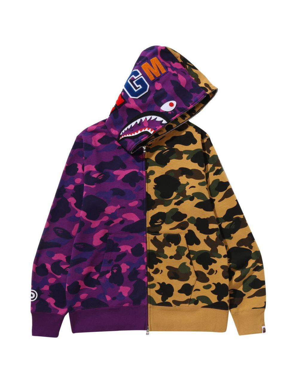 Felpa con zip intera e motivo mimetico con squalo in viola A bathing ape - uomo 