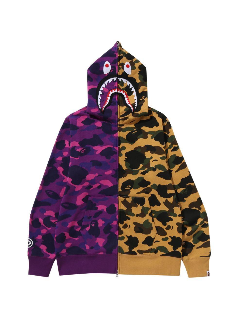 Felpa con zip intera e motivo mimetico con squalo in viola A bathing ape - uomo 