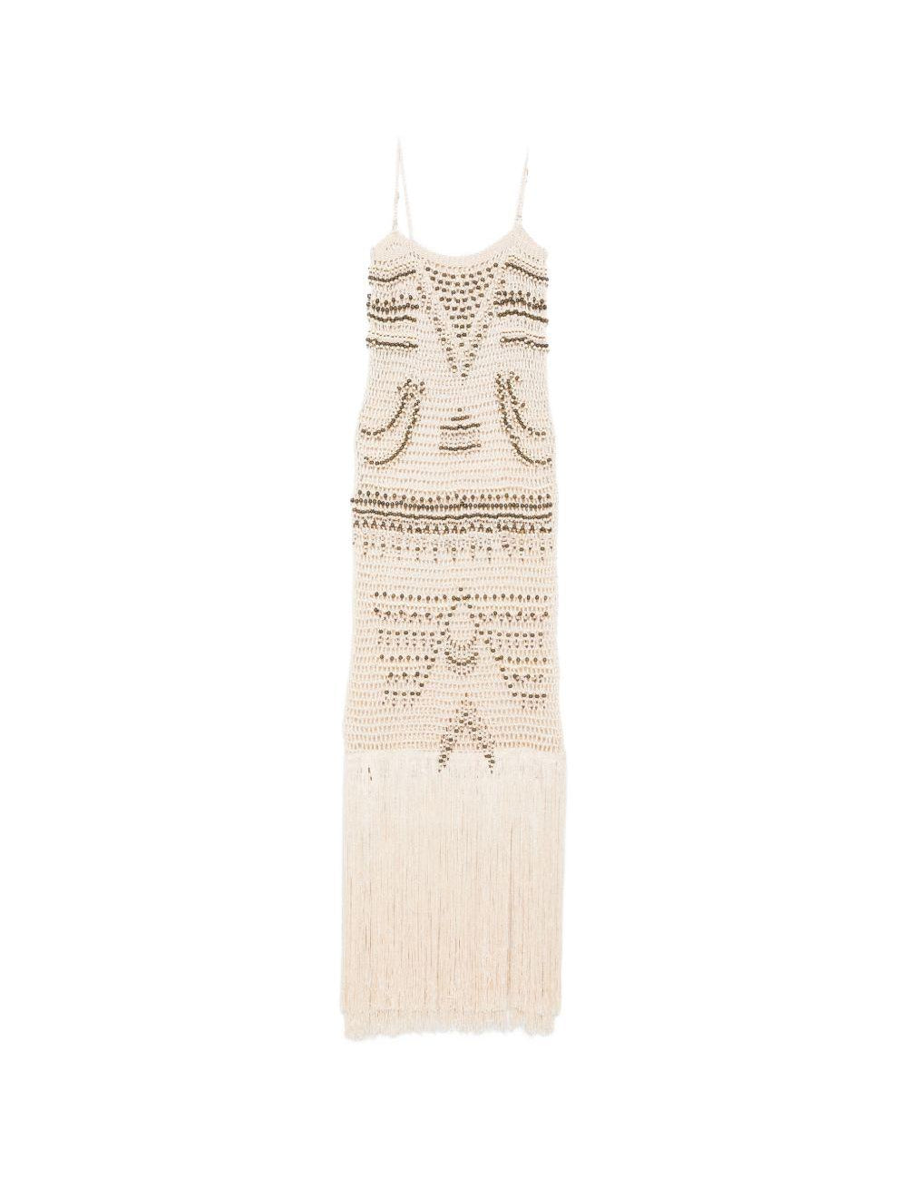 Abito lungo Takara con frange e decorazioni di perline in beige Bless - donna 