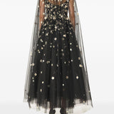 Mantella in tulle con ricamo daisy in nero monique Lhuillier - donna 