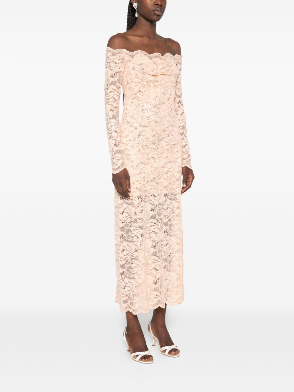 Abito midi a maniche lunghe in pizzo floreale in rosa Rabanne - donna 