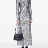 Abito in pizzo con spalle scoperte in grigio e argento  Rabanne - donna 