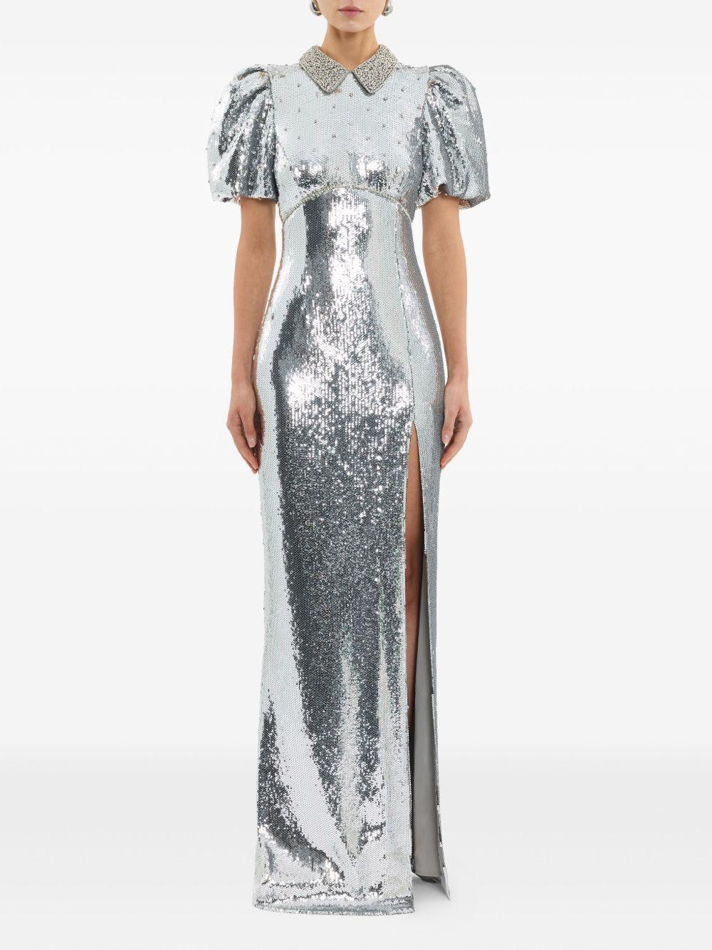 Abito lungo Olympia con maniche corte con paillettes in argento Rebecca vallance - donna 