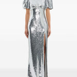 Abito lungo Olympia con maniche corte con paillettes in argento Rebecca vallance - donna 