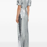 Abito lungo Olympia con maniche corte con paillettes in argento Rebecca vallance - donna 