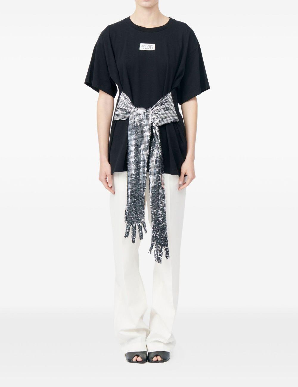 T-shirt con cintura a forma di guanti in paillettes in nero Mm6 maison margiela - donna 