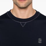 T-shirt girocollo con logo ricamato in blu Brunello cucinelli - uomo 
