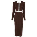 Abito midi con colletto polo in marrone e bianco Rowen Rose - donna 