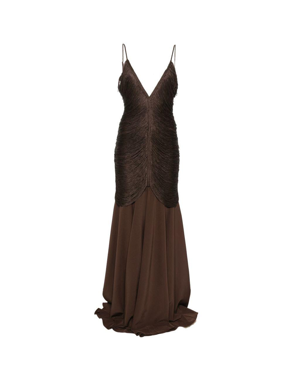 Abito lungo con frange in marrone Bless - donna 