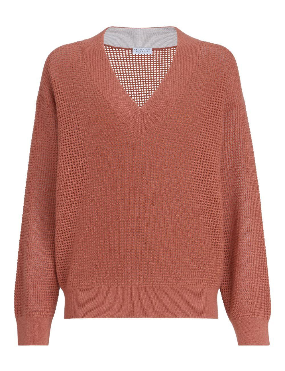 Maglione con scollo a V in arancione Brunello cucinelli - donna 