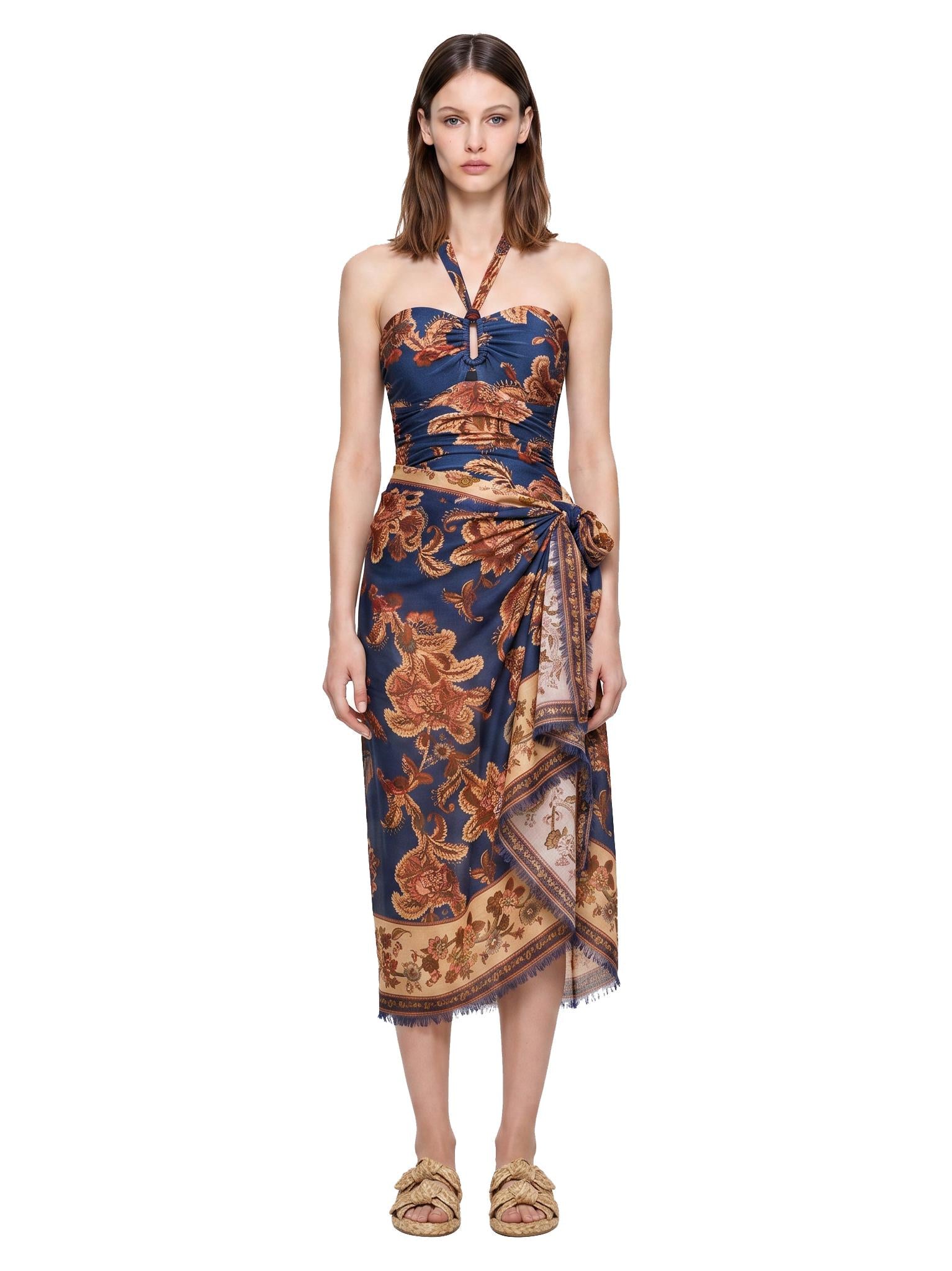 Gonna midi in seta navy/jade 