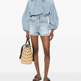 Camicia denim Indra con fiocco in azzurro 