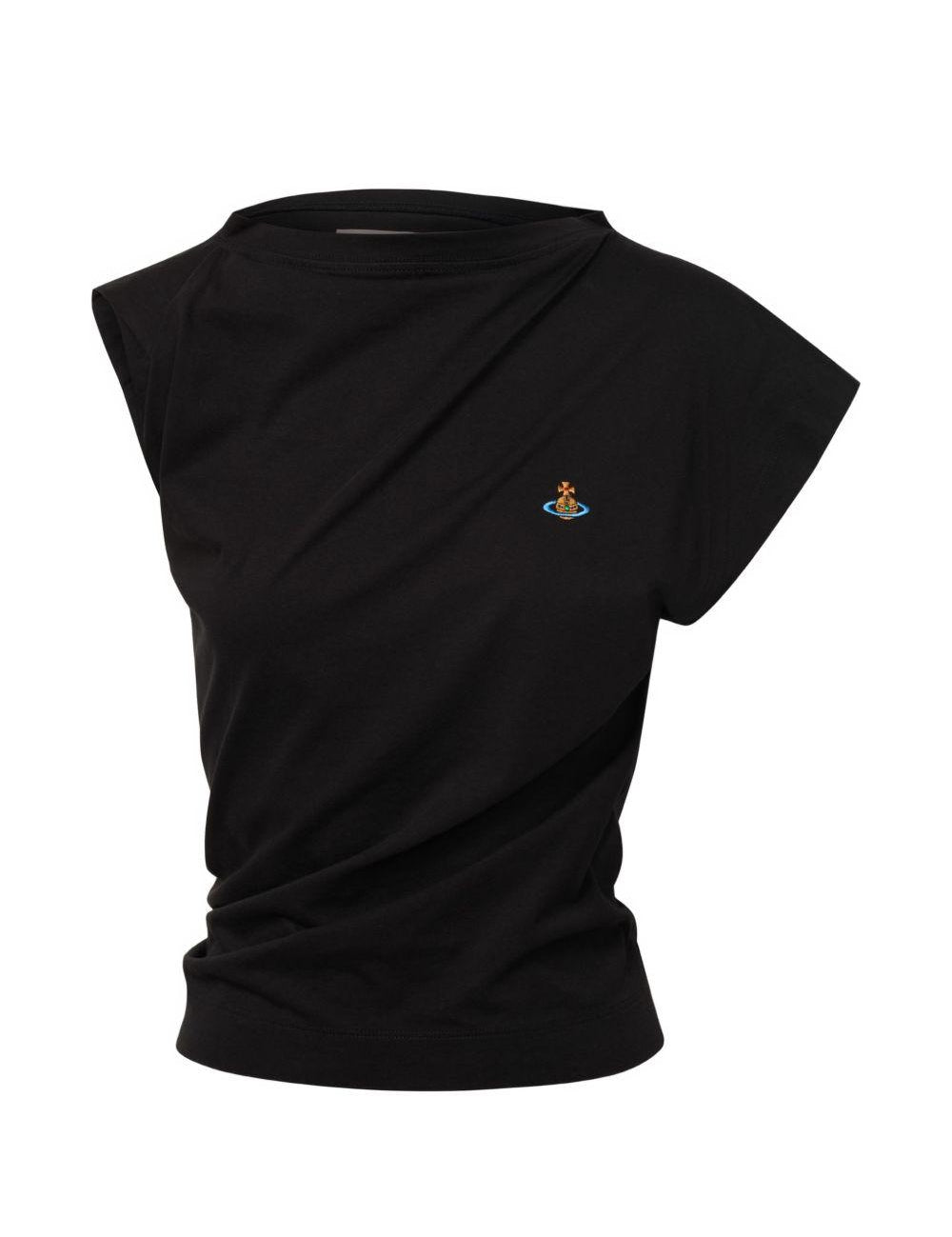 Top asimmetrico con logo in nero 