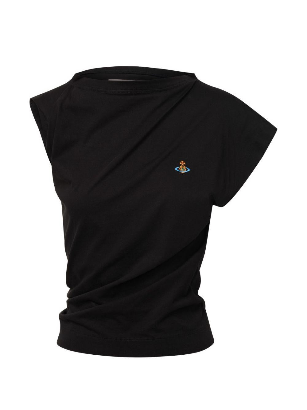 Top asimmetrico con logo in nero 