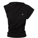 Top asimmetrico con logo in nero 
