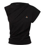Top asimmetrico con logo in nero 