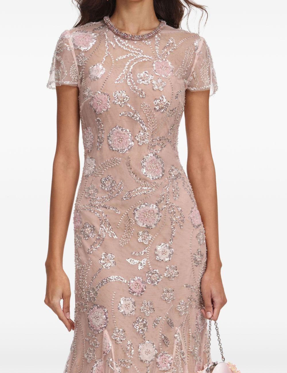 Abito midi con stampa floreale e decorazioni di paillettes in rosa 
