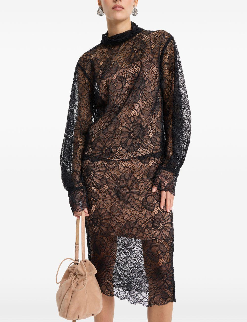 Blusa a collo alto in pizzo in nero 