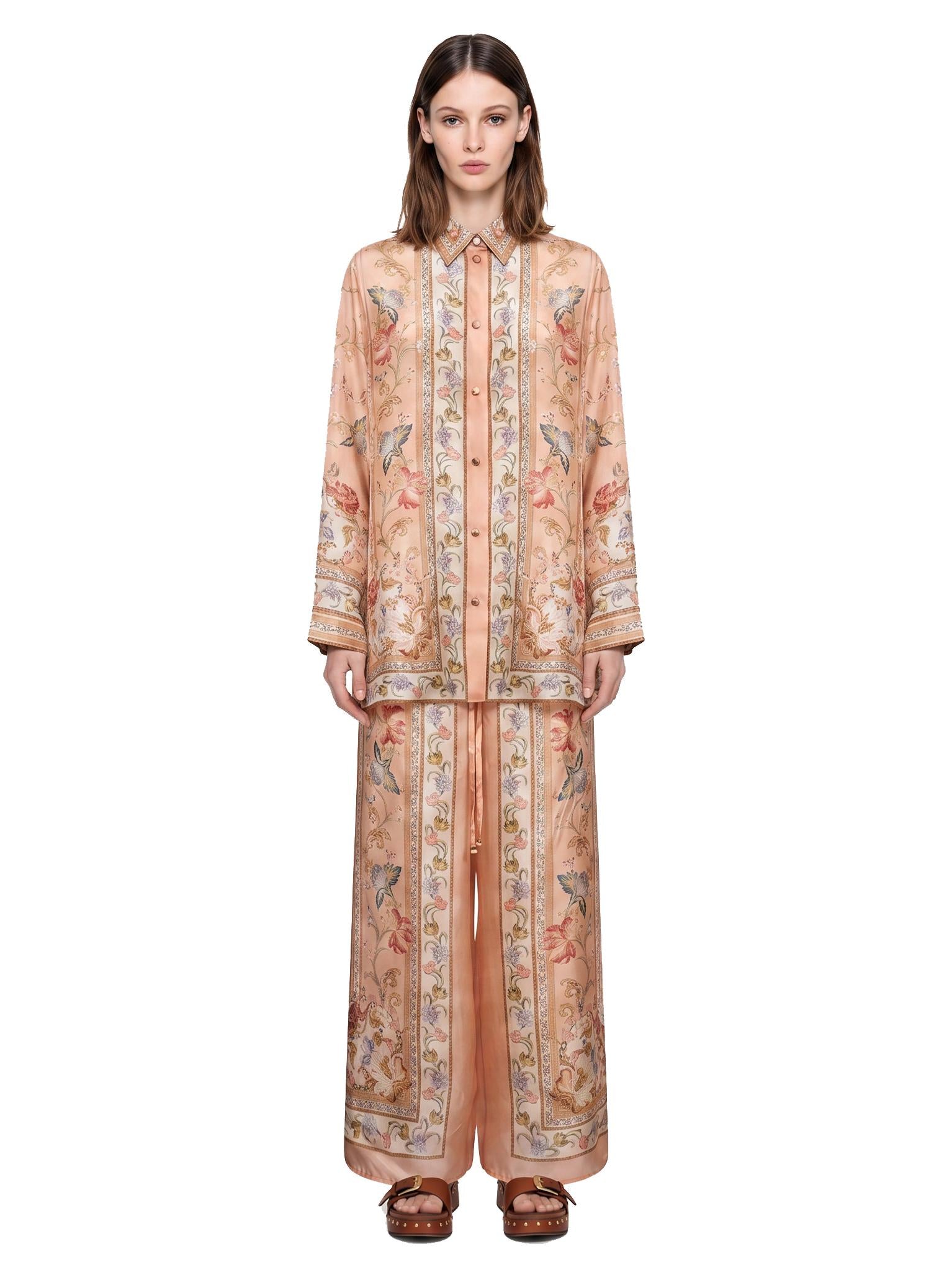 Pantaloni Roselight in seta floreale rosa 