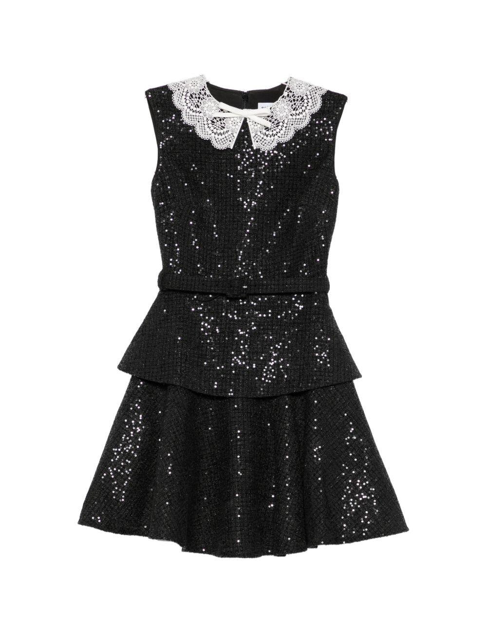 Abito con collo in pizzo con paillettes in nero 