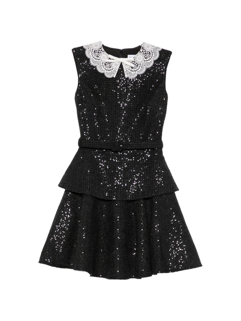 Abito con collo in pizzo con paillettes in nero 