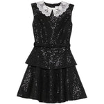Abito con collo in pizzo con paillettes in nero 