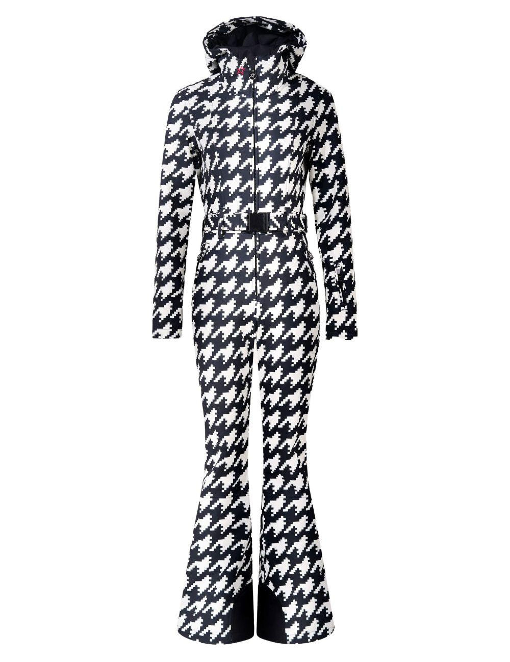 Tuta da sci con cappuccio pied de poule in bianco e nero Perfect moment - donna 