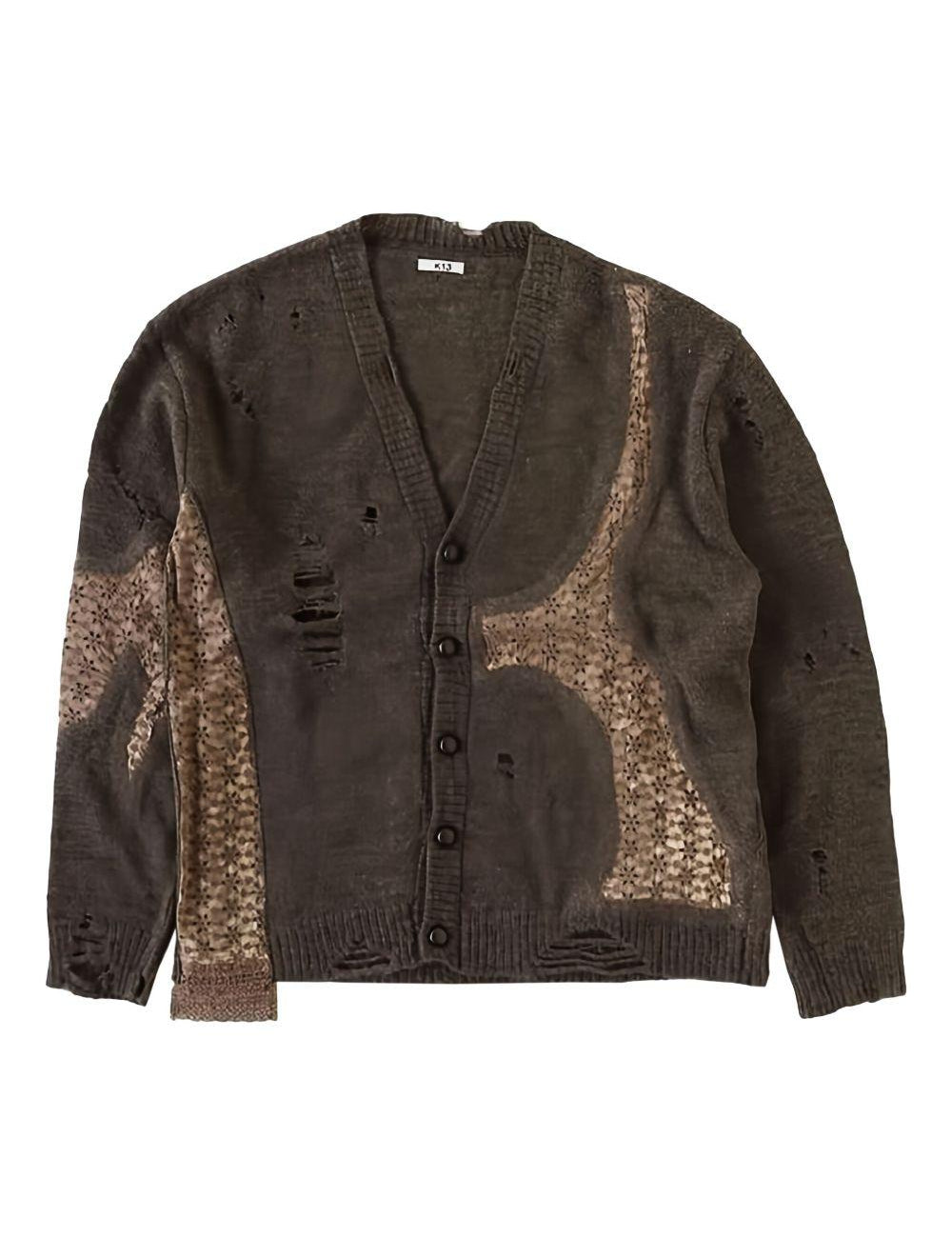 Cardigan con effetto vissuto e design a pannelli in marrone Khoki - uomo 
