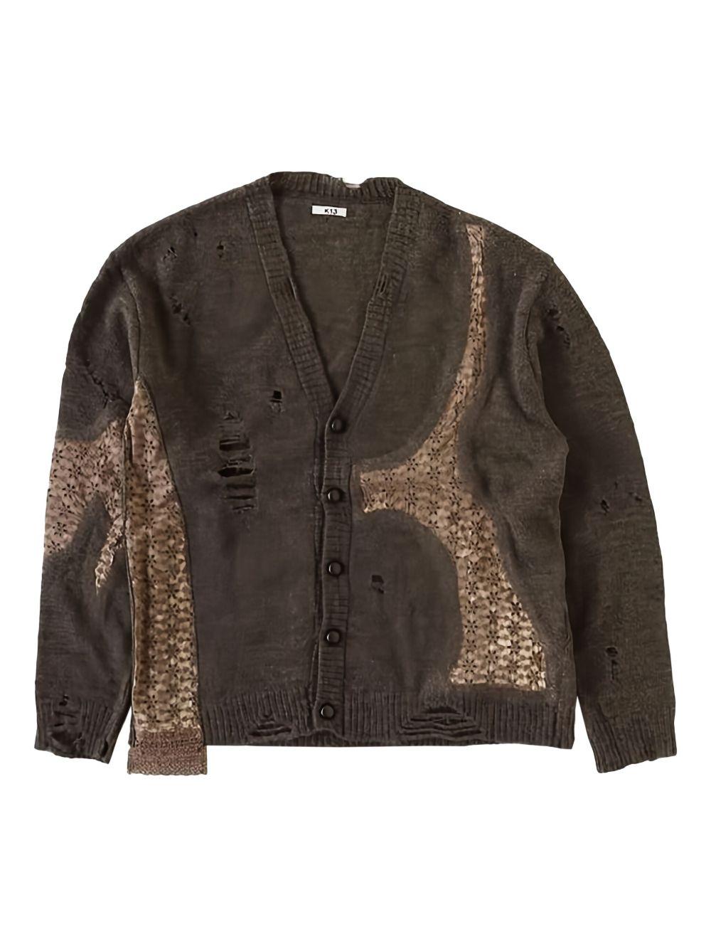 Cardigan con effetto vissuto e design a pannelli in marrone Khoki - uomo 