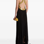 Abito lungo in chiffon plissé con ricami metallici in nero 
