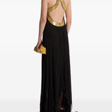 Abito lungo in chiffon plissé con ricami metallici in nero 